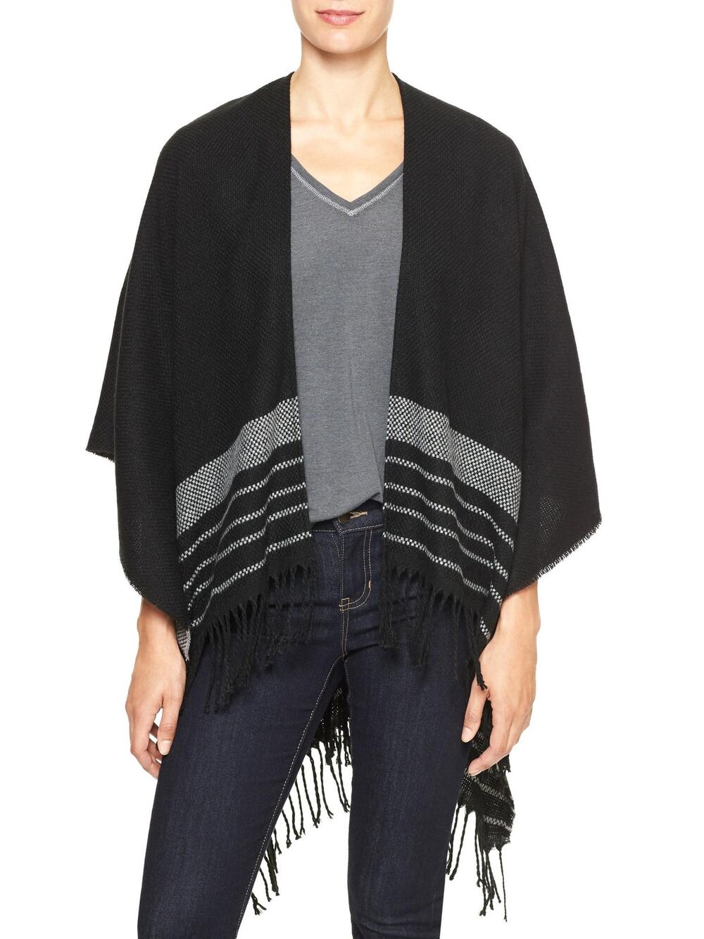 Gap Poncho Fringe Black Striped Gray One Size